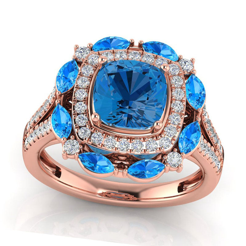 Captivating Color London and Swiss Blue Topaz with 0.50 CT. T.W. Natural Diamond Ornate Frame Split Shank Ring in Solid 14K Rose Gold
