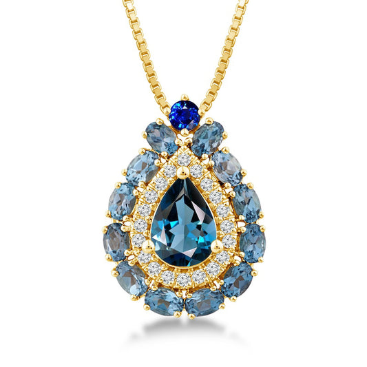 Captivating Color London Blue Topaz, Blue Sapphire and 0.13 CT. T.W. Natural Diamond Double Frame Teardrop Pendant in 14K Gold