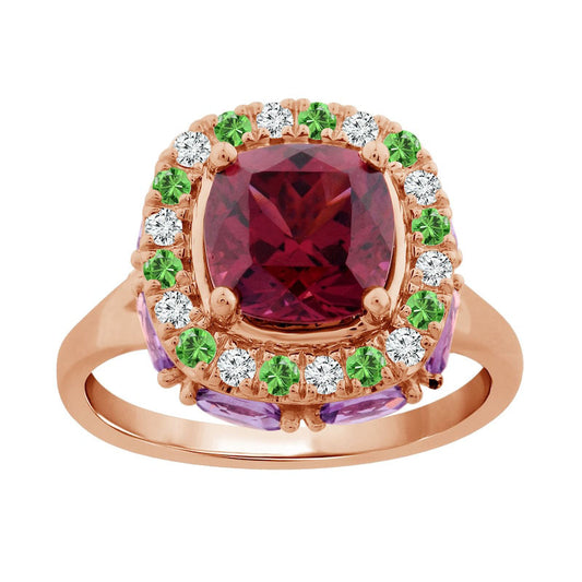 Captivating Color Cushion-Cut Rhodolite, Amethyst, Tsavorite and 0.20 CT. T.W. Natural Diamond Frame Ring in Solid 14K Rose Gold