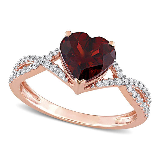8.0mm Heart-Shaped Garnet and 0.20 CT. T.W. Natural Diamond Twist Split Shank Ring in Solid 14K Rose Gold