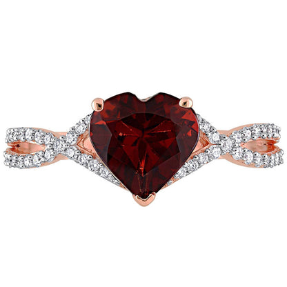 8.0mm Heart-Shaped Garnet and 0.20 CT. T.W. Natural Diamond Twist Split Shank Ring in Solid 14K Rose Gold