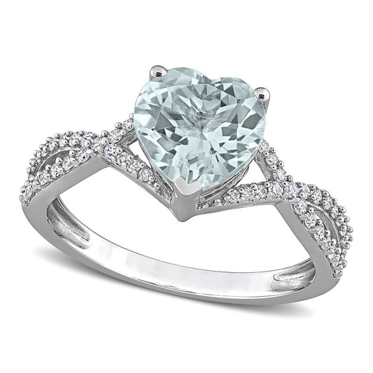 8.0mm Heart-Shaped Aquamarine and 0.20 CT. T.W. Natural Diamond Twist Split Shank Ring in Solid 14K White Gold