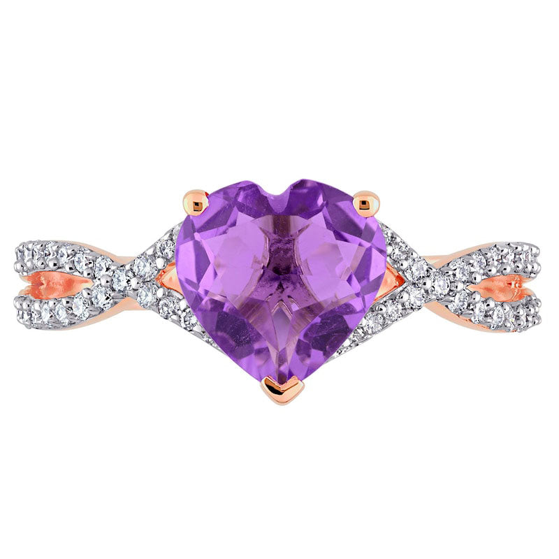 8.0mm Heart-Shaped Amethyst and 0.20 CT. T.W. Natural Diamond Twist Split Shank Ring in Solid 14K Rose Gold