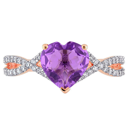 8.0mm Heart-Shaped Amethyst and 0.20 CT. T.W. Natural Diamond Twist Split Shank Ring in Solid 14K Rose Gold