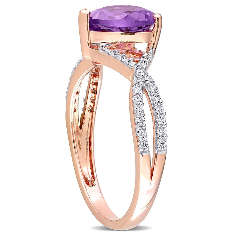 8.0mm Heart-Shaped Amethyst and 0.20 CT. T.W. Natural Diamond Twist Split Shank Ring in Solid 14K Rose Gold