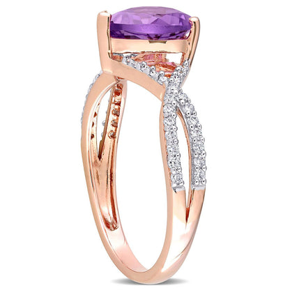 8.0mm Heart-Shaped Amethyst and 0.20 CT. T.W. Natural Diamond Twist Split Shank Ring in Solid 14K Rose Gold