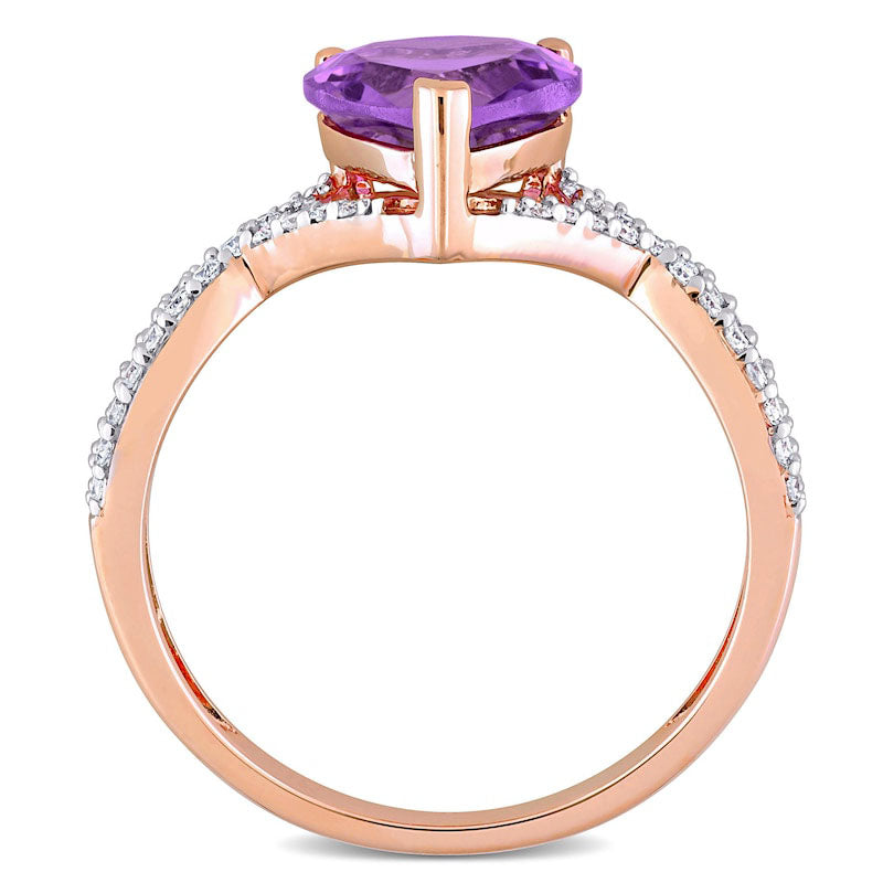 8.0mm Heart-Shaped Amethyst and 0.20 CT. T.W. Natural Diamond Twist Split Shank Ring in Solid 14K Rose Gold