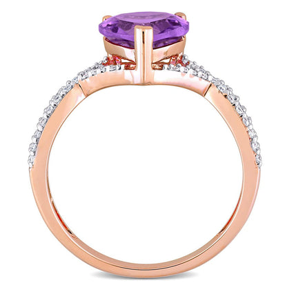 8.0mm Heart-Shaped Amethyst and 0.20 CT. T.W. Natural Diamond Twist Split Shank Ring in Solid 14K Rose Gold