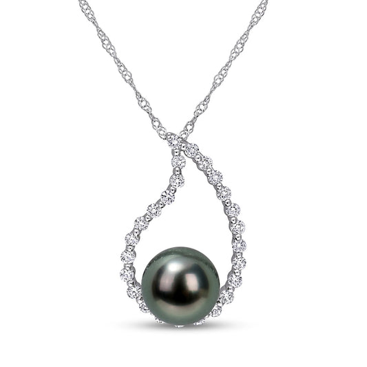 8.0-8.5mm Black Cultured Tahitian Pearl and White Sapphire Teardrop Pendant in 10K White Gold