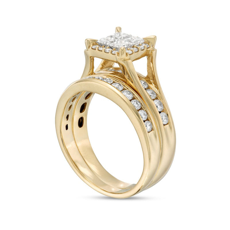 1.5 CT. T.W. Princess-Cut Quad Natural Diamond Frame Bridal Engagement Ring Set in Solid 14K Gold