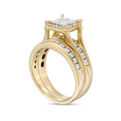 1.5 CT. T.W. Princess-Cut Quad Natural Diamond Frame Bridal Engagement Ring Set in Solid 14K Gold