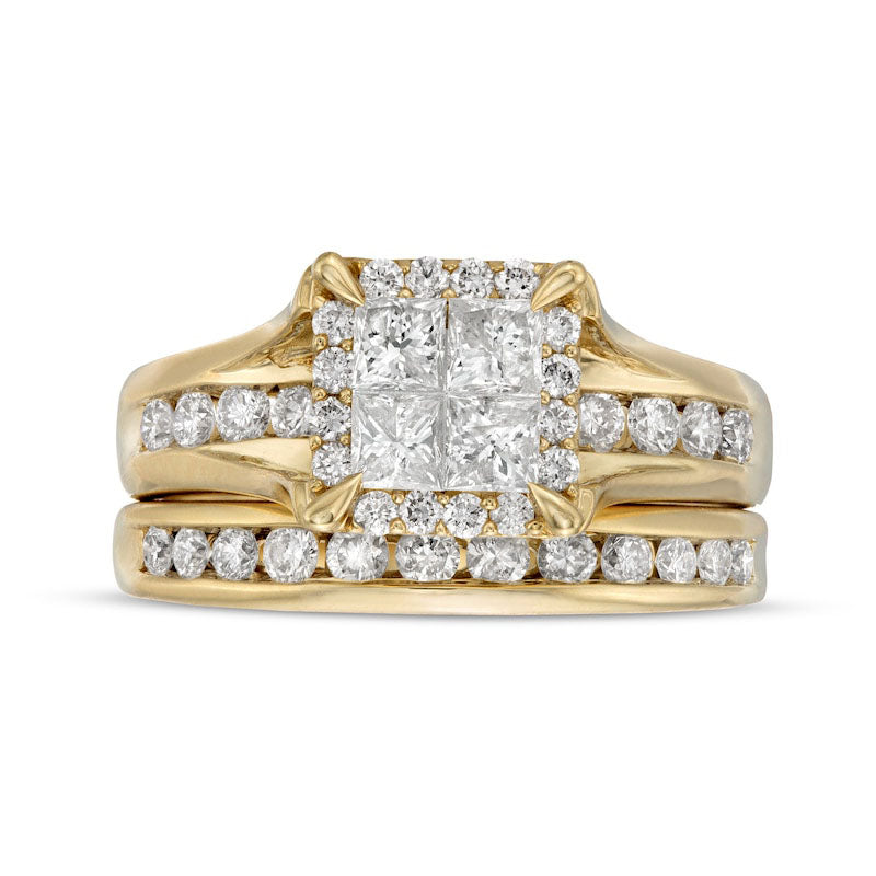 1.5 CT. T.W. Princess-Cut Quad Natural Diamond Frame Bridal Engagement Ring Set in Solid 14K Gold