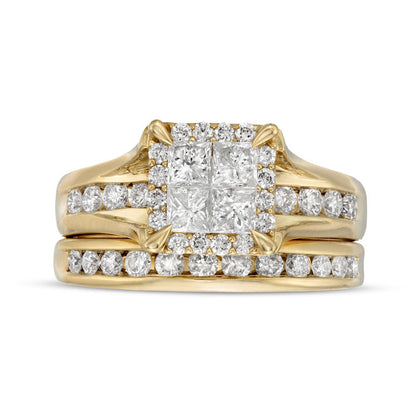 1.5 CT. T.W. Princess-Cut Quad Natural Diamond Frame Bridal Engagement Ring Set in Solid 14K Gold