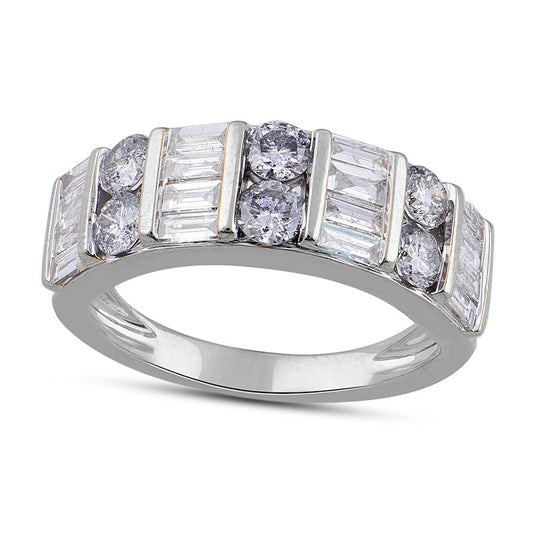 1.5 CT. T.W. Baguette and Round Natural Diamond Alternating Double Row Ring in Solid 10K White Gold