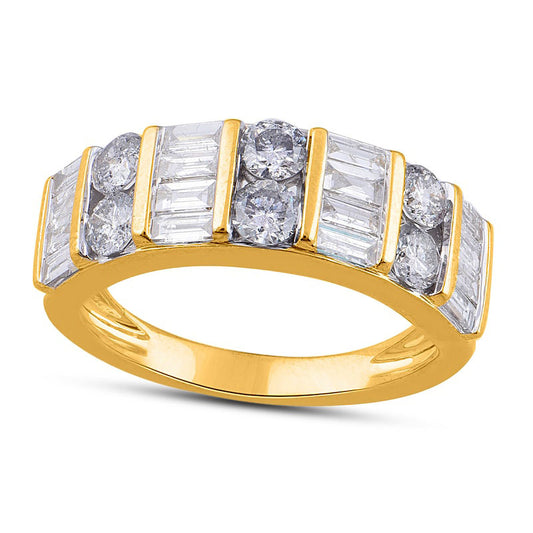 1.5 CT. T.W. Baguette and Round Natural Diamond Alternating Double Row Ring in Solid 10K Yellow Gold