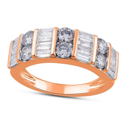 1.5 CT. T.W. Baguette and Round Natural Diamond Alternating Double Row Ring in Solid 10K Rose Gold