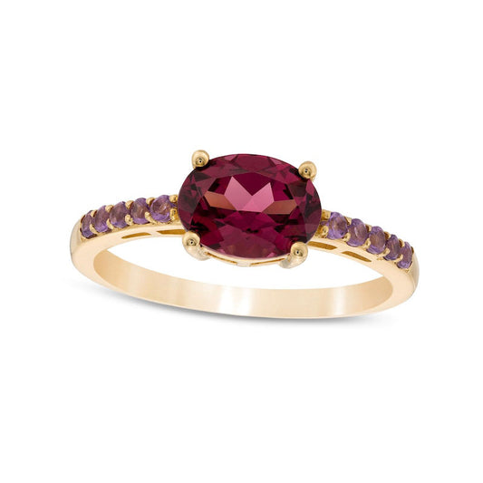 Sideways Oval Rhodolite and Amethyst Ring in Solid 10K Yellow Gold