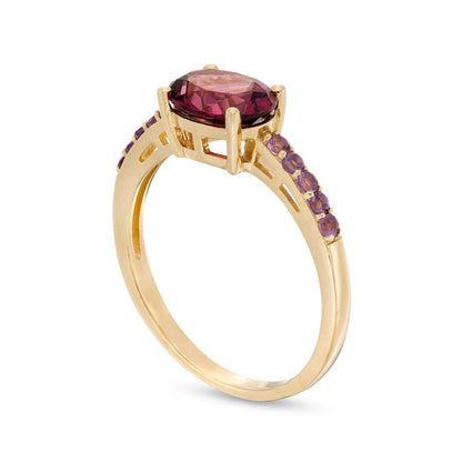 Sideways Oval Rhodolite and Amethyst Ring in Solid 10K Yellow Gold