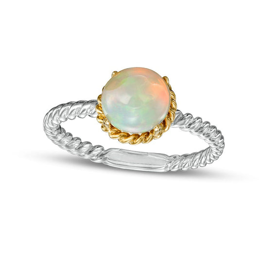 7.0mm Opal Solitaire Rope-Textured Frame and Shank Ring in Sterling Silver and Solid 10K Yellow Gold