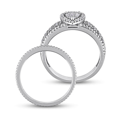 0.33 CT. T.W. Natural Diamond Pear-Shaped Frame Beaded Multi-Row Bridal Engagement Ring Set in Sterling Silver