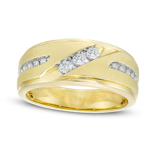 Men's 0.38 CT. T.W. Natural Diamond Three Stone Slant Wedding Band in Solid 10K Yellow Gold