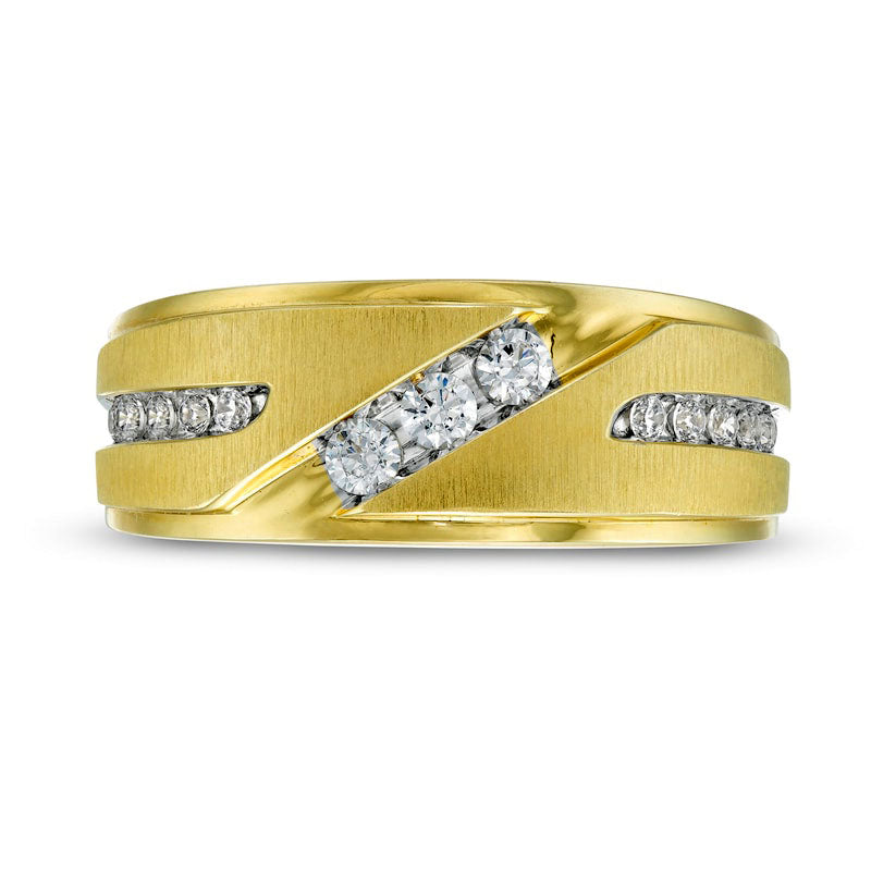 Men's 0.38 CT. T.W. Natural Diamond Three Stone Slant Wedding Band in Solid 10K Yellow Gold