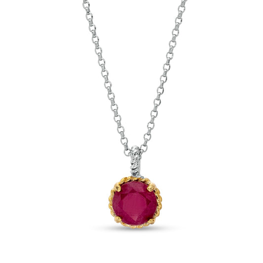 7.0mm Ruby Solitaire Rope-Textured Frame and Drop Pendant in Sterling Silver and 10K Yellow Gold