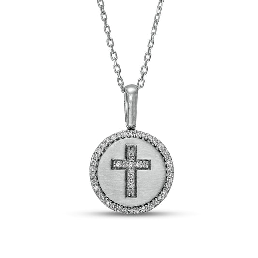 0.2 CT. T.W. Natural Diamond Frame Cross in Circle Pendant in Sterling Silver