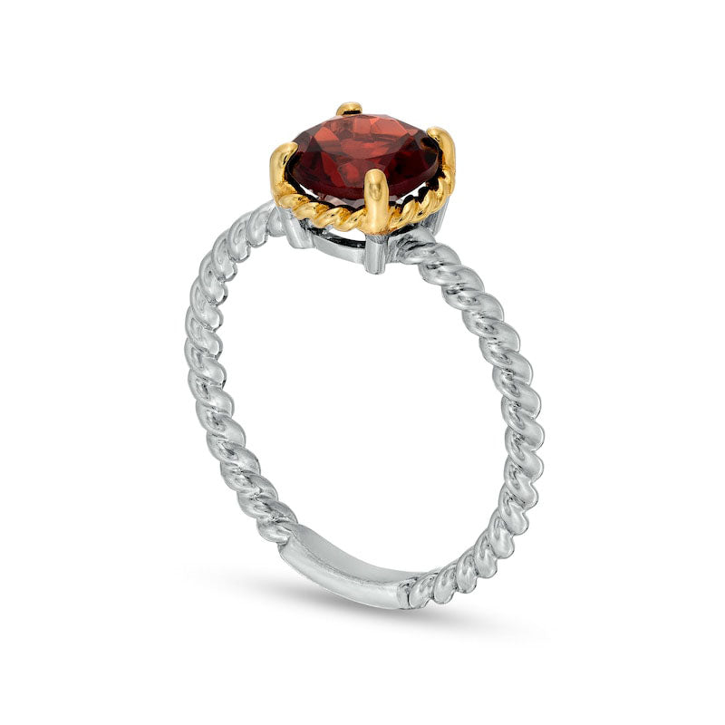 7.0mm Garnet Solitaire Rope-Textured Frame and Shank Ring in Sterling Silver and Solid 10K Yellow Gold