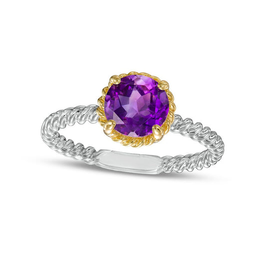 7.0mm Amethyst Solitaire Rope-Textured Frame and Shank Ring in Sterling Silver and Solid 10K Yellow Gold