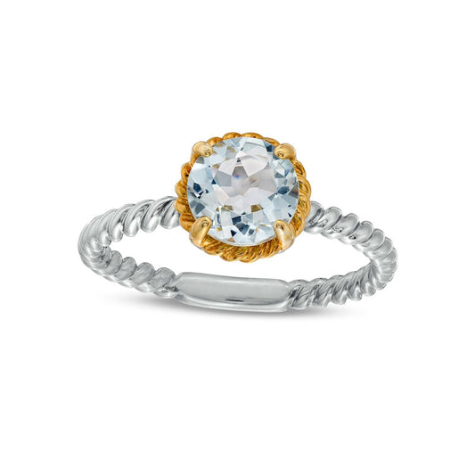 7.0mm Aquamarine Solitaire Rope-Textured Frame and Shank Ring in Sterling Silver and Solid 10K Yellow Gold