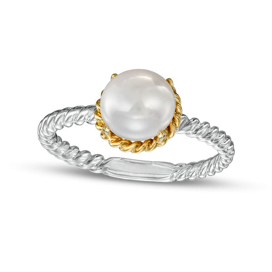 7.0-7.5mm Button Cultured Freshwater Pearl Rope-Textured Frame and Shank Ring in Sterling Silver and Solid 10K Yellow Gold