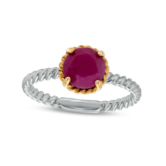 7.0mm Ruby Solitaire Rope-Textured Frame and Shank Ring in Sterling Silver and Solid 10K Yellow Gold