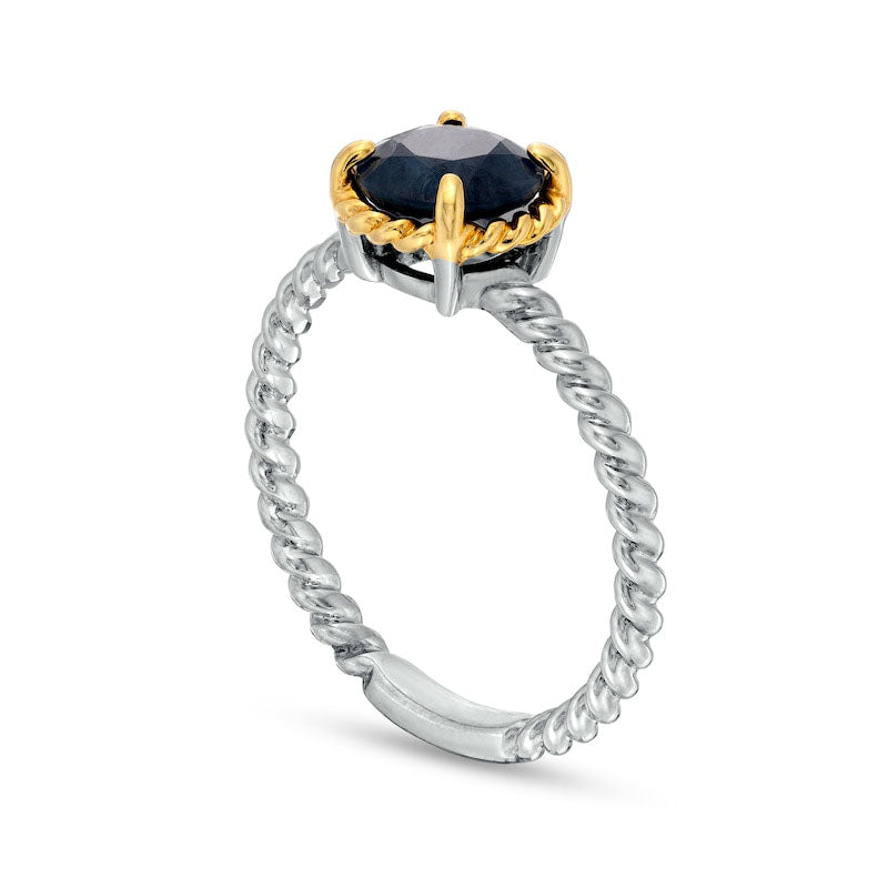 7.0mm Blue Sapphire Solitaire Rope-Textured Frame and Shank Ring in Sterling Silver and Solid 10K Yellow Gold