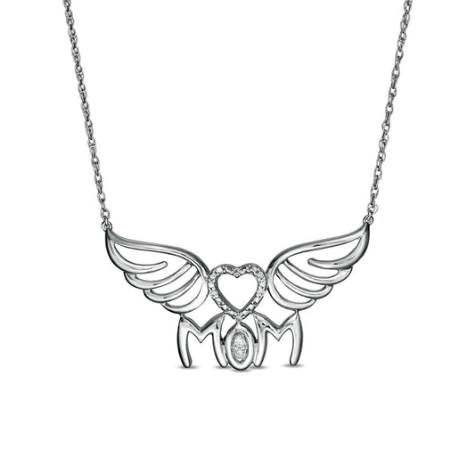 Natural Diamond Accent "MOM" Heart Wings Necklace in Sterling Silver