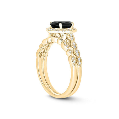 Oval Black Sapphire and 0.17 CT. T.W. Natural Diamond Quatrefoil Frame Art Deco Antique Vintage-Style Bridal Engagement Ring Set in Solid 10K Yellow Gold