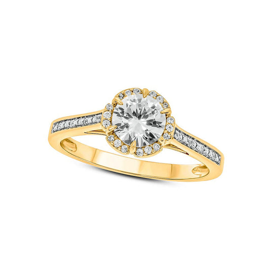 6.0mm White Lab-Created Sapphire and 0.10 CT. T.W. Diamond Ornate Frame Floral Ring in Solid 10K Yellow Gold