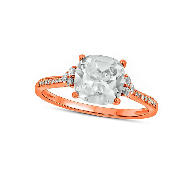 8.0mm Cushion-Cut White Lab-Created Sapphire and 0.05 CT. T.W. Diamond Tri-Sides Ring in Solid 10K Rose Gold