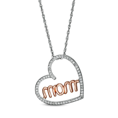 0.17 CT. T.W. Natural Diamond "mom" in Tilted Heart Pendant in Sterling Silver and 10K Rose Gold