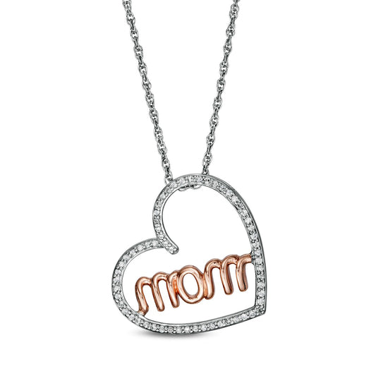 0.17 CT. T.W. Natural Diamond "mom" in Tilted Heart Pendant in Sterling Silver and 10K Rose Gold