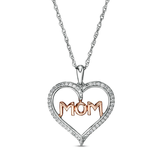 0.2 CT. T.W. Natural Diamond "MOM" in Heart Pendant in Sterling Silver and 10K Rose Gold