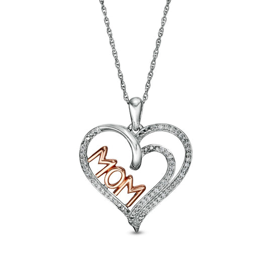 0.2 CT. T.W. Natural Diamond Double Row Heart "MOM" Pendant in Sterling Silver with 10K Rose Gold