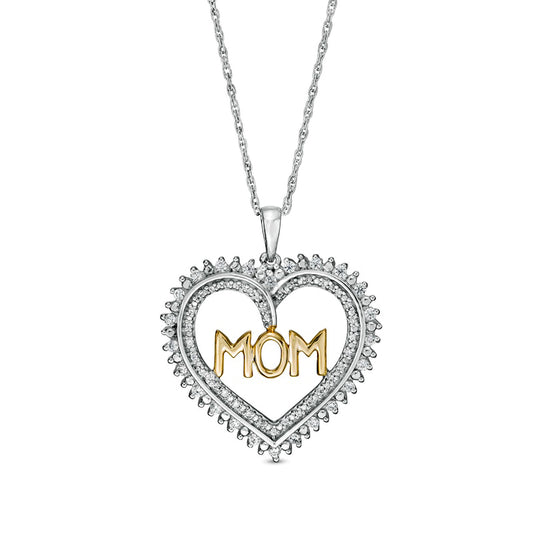 0.25 CT. T.W. Natural Diamond "MOM" Heart Sunburst Double Row Pendant in Sterling Silver and 10K Yellow Gold