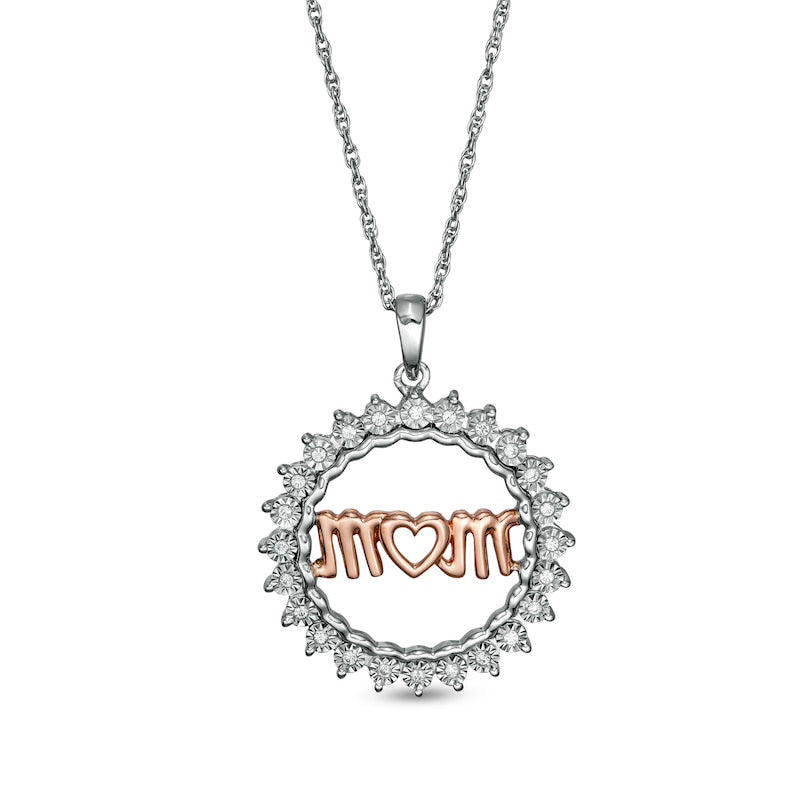 0.1 CT. T.W. Natural Diamond "mom" Heart Sunburst Frame Pendant in Sterling Silver and 10K Rose Gold