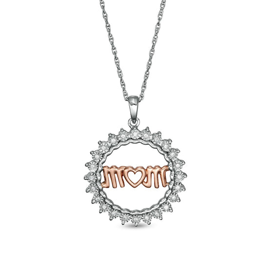 0.1 CT. T.W. Natural Diamond "mom" Heart Sunburst Frame Pendant in Sterling Silver and 10K Rose Gold