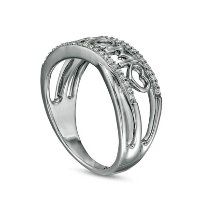 0.17 CT. T.W. Natural Diamond "MOM" and Heart Tilted Crossover Ring in Sterling Silver