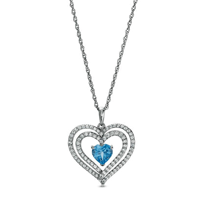 6.0mm Swiss Blue Topaz and White Lab-Created Sapphire Heart Pendant in Sterling Silver