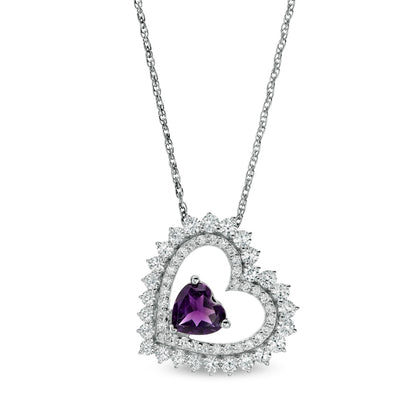 6.0mm Amethyst and White Lab-Created Sapphire Tilted Heart Pendant in Sterling Silver