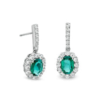 Oval Lab-Created Emerald and White Sapphire Scallop Frame Drop Earrings in Sterling Silver