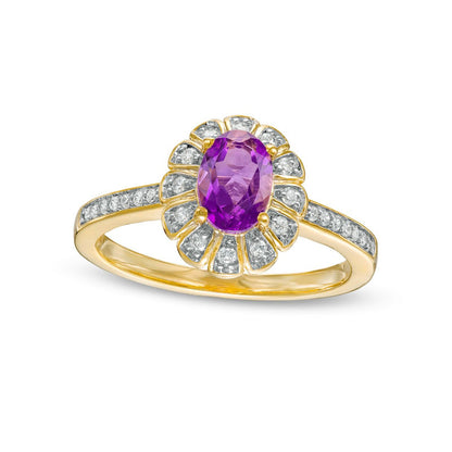Oval Amethyst and 0.17 CT. T.W. Natural Diamond Sun Frame Ring in Solid 10K Yellow Gold